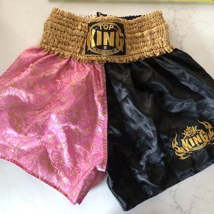 op King Muay Thai Boxing Shorts, Waist 27” - 30”, Black Pink Glitter Gold Stars
